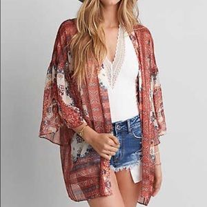 New AEO Floral Ruffle Kimono Cardigan